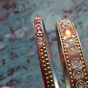 Cuff brown leather bracelets with gemstones. Set of 2